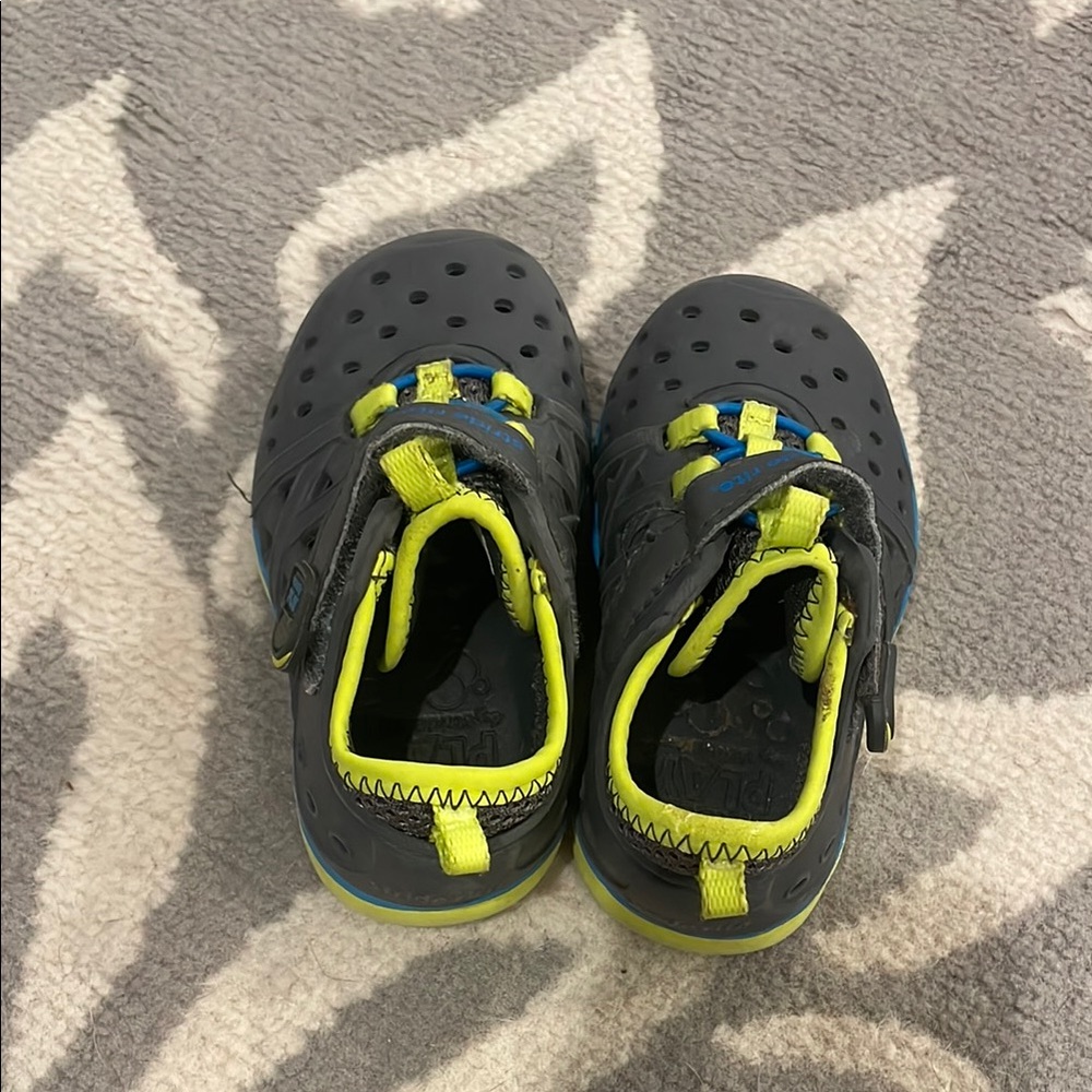 Kids Gray, Blue, and lime green water shoes